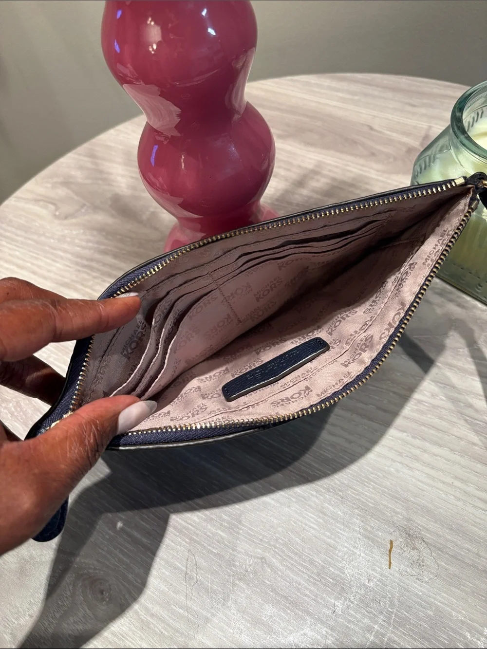 Michael Kors Navy Leather Wristlet Clutch with Gold MK Emblem